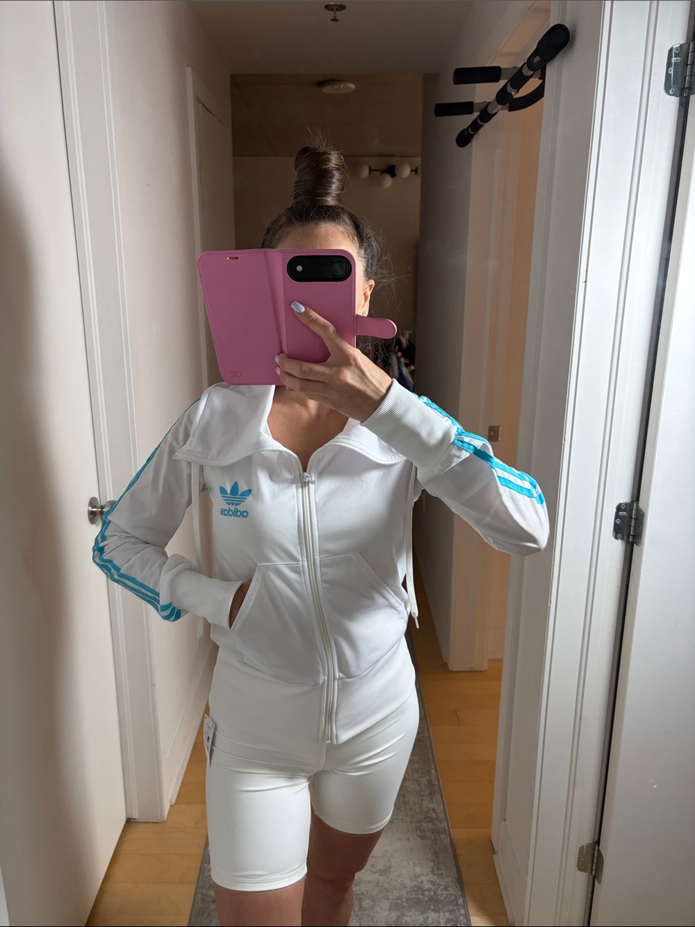 Adidas White Jacket with Teal Three-Stripes